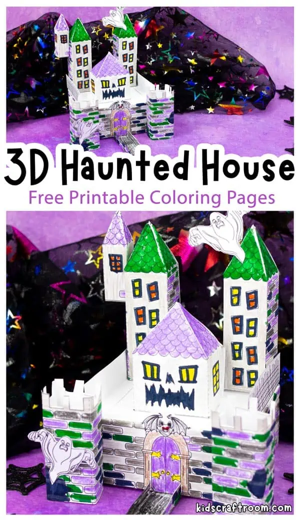 Two 3D haunted House crafts made from the free printable templates. It has a purple roof and gaping mouth. 