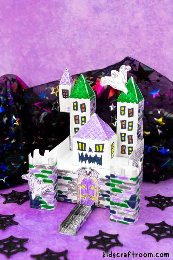 A close up showing the right hand side of constructed 3D Haunted House Coloring Pages. 