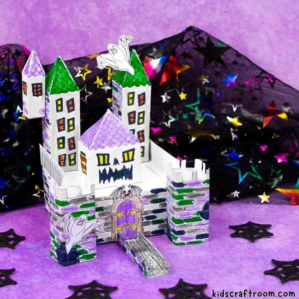 A close up of constructed 3D Haunted House Coloring Pages viewed from the left.
