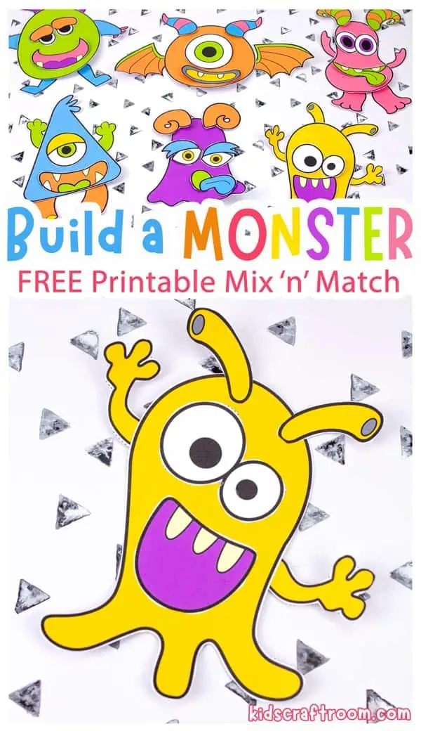 A collage showing 6 different build a monster crafts made from coloured paper body parts.