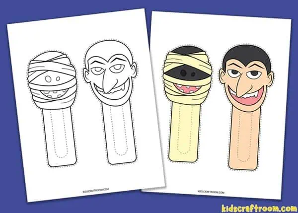 Mummy and vampire Halloween bookmarks in black and white and colour.