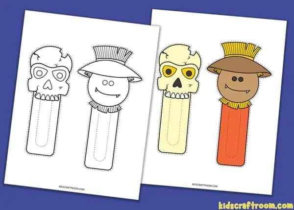 Skull and scarecrow bookmarks in black and white and colour.