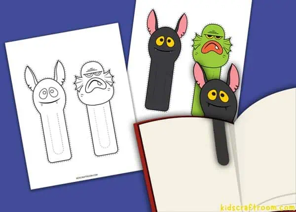 A Bat and Monster Halloween bookmark in black and white and colour.