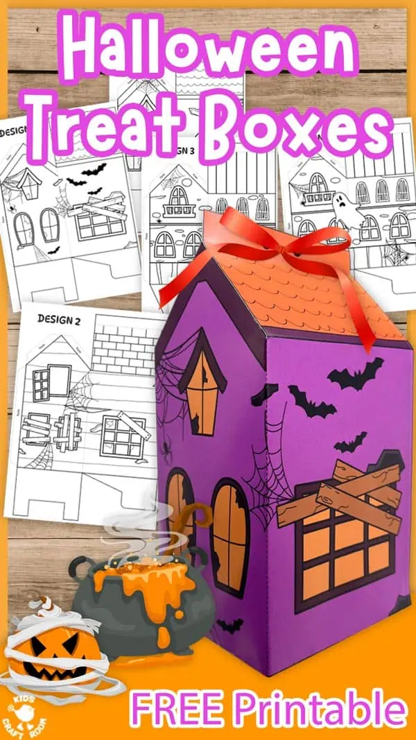 A purple Halloween Haunted House Treat Box with an orange roof.