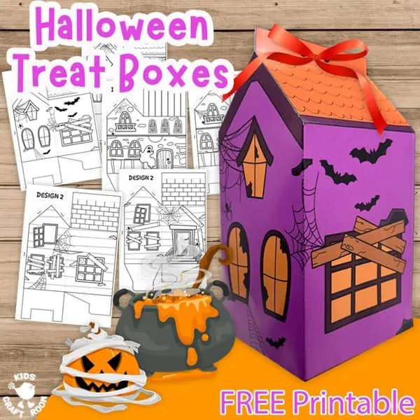 A completed purple Halloween Haunted House Treat Boxes. Behind it is a selection of templates for different treat box designs.