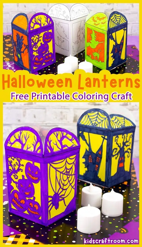 A collage showing 4 different paper Halloween Lantern designs. Featuring, pumpkins, spiders, witches and haunted houses.