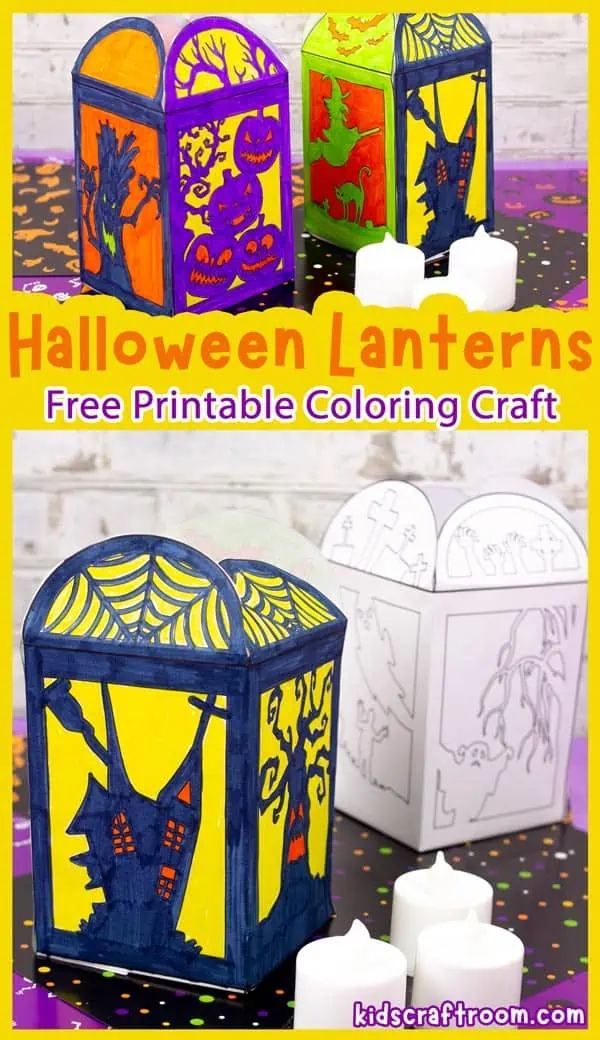 A pin image of 4 different halloween lanterns made from paper featuring a different spooky scene on each side.