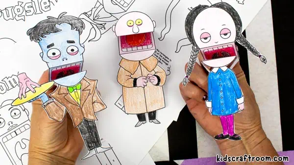 The Addams Family Lurch, Uncle Fester and Wednesday paper puppets - Free Printable Halloween Puppets 