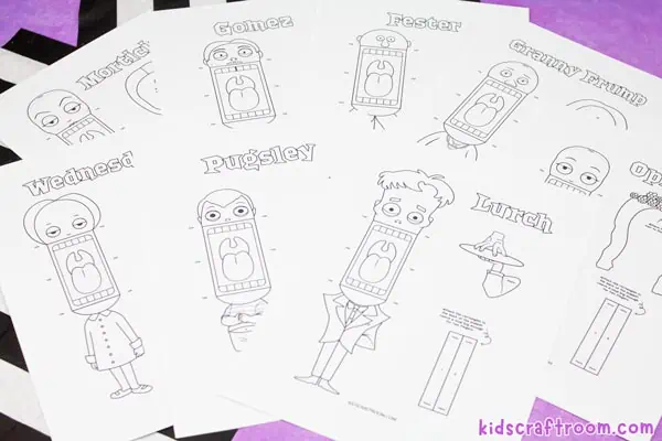Free Printable Halloween Puppets (The Addams Family) Templates fanned out on a purple background.