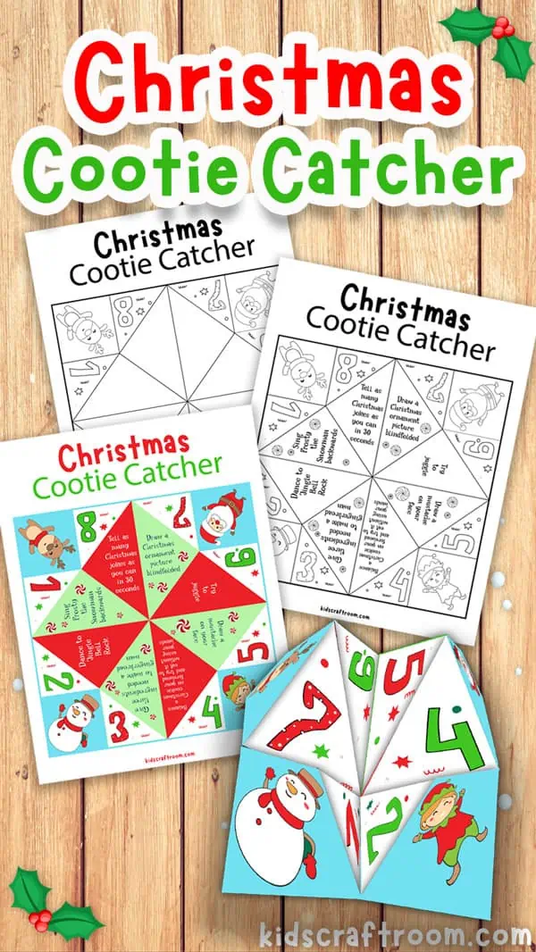 Three different Christmas Cootie Catcher printable templates and a folded, completed cootie catcher.