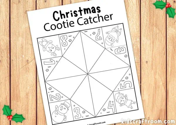 A close up of a blank Christmas Cootie Catcher printable for kids to fill in and colour.