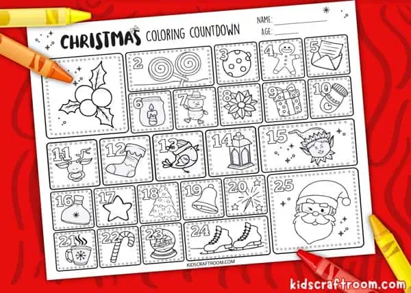 A close up of a printable Christmas countdown calendar decorated with Christmas themed pictures to colour from December 1st to December 25th.