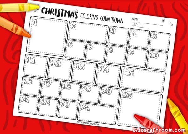 A close up of a printable Christmas countdown calendar decorated with numbered boxes to decorate and colour from December 1st to December 25th.