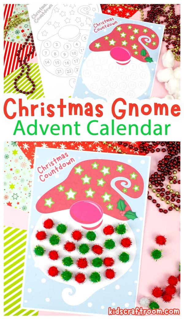 A collage of three Christmas Gnome Advent Calendars For Kids. 2 at the top are unused; one in B/W and one in color. The gnome's beard in calendar at the bottom is fully filled in with glued on glitter pom poms.