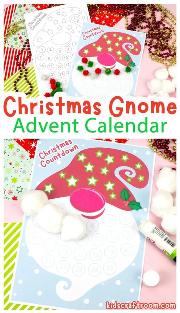 Three Christmas Gnome Advent Calendars For Kids. One in black and white and two in color. One colored one's beard is made with colored pompoms and the other's beard is made from cotton balls.