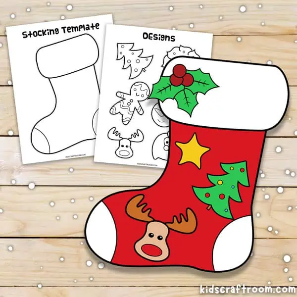 A pre-colored red Christmas stocking craft decorated with a reindeer, star and Christmas tree.