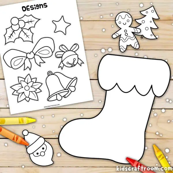 A black and white paper stocking with a cut out gingerbread man, santa and christmas tree ready to be colored and glued on.