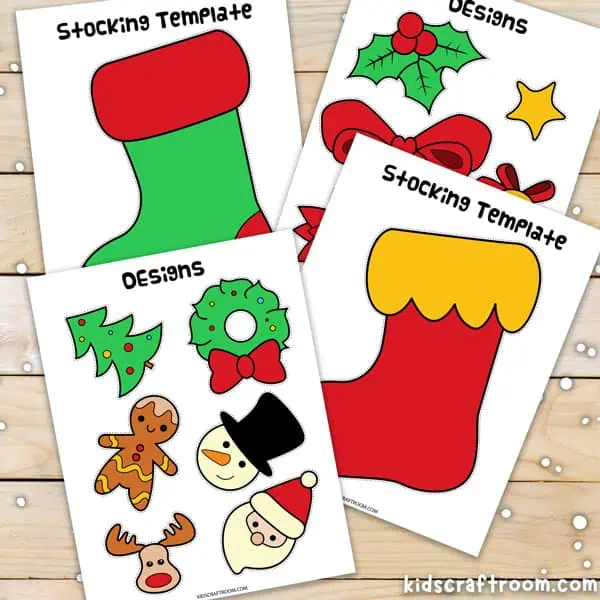 A set of 4 pre-colored cut and paste Christmas Stocking Craft printable pages.