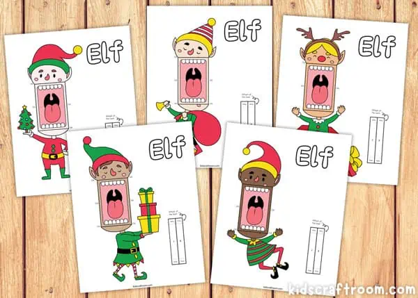 5 printable elf paper puppet templates showing the different multicultural skin colors.
