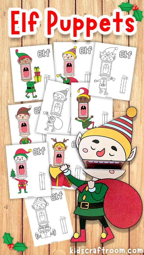 A collage of a singing elf paper puppet holding a sack of gifts and ringing a bell. Behind it are a selection of elf puppet templates in black and white and color.
