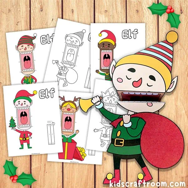 A close up of a singing elf paper puppet. It's holding a sack of gifts and ringing a bell. Behind it are a selection of elf puppet templates in black and white and color.