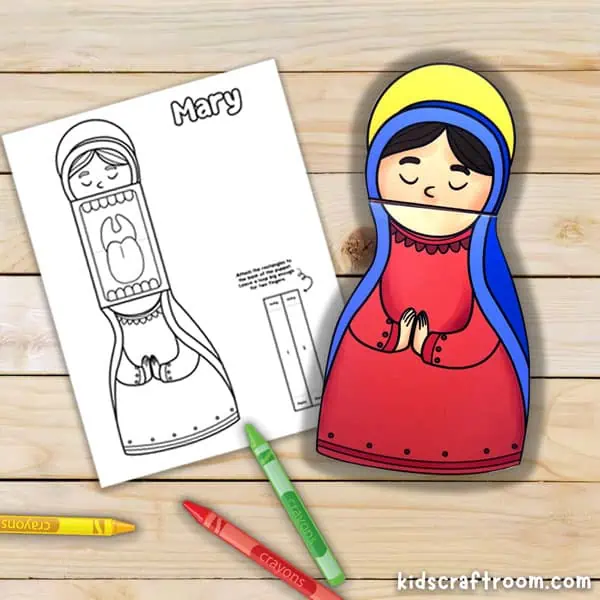 A close up of the Mary puppet printable template and a completed Mary puppet craft.