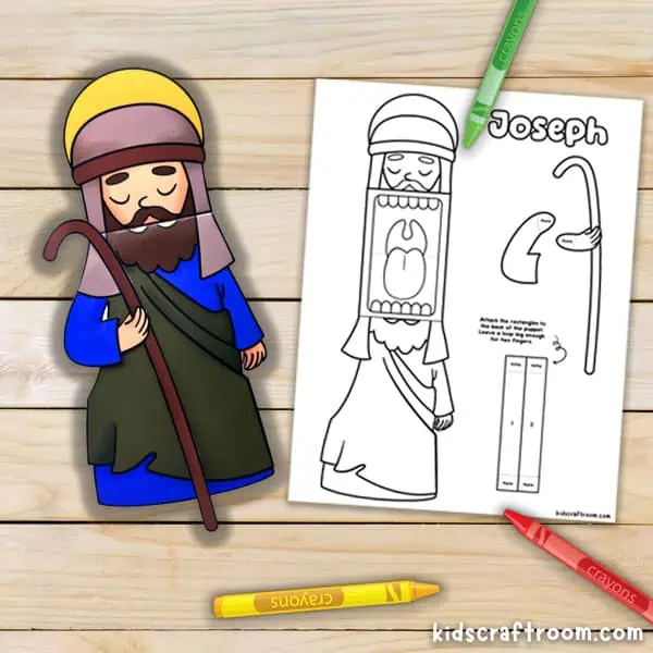 A close up of the Joseph puppet printable template and a completed Joseph puppet craft.