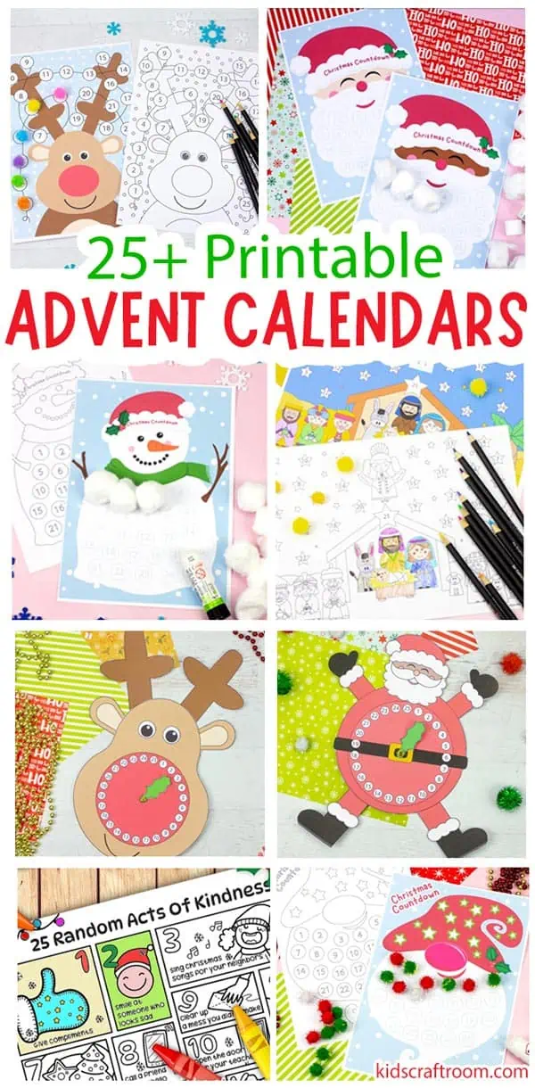 A tall collage showing eight different printable Christmas Advent Calendars for kids.