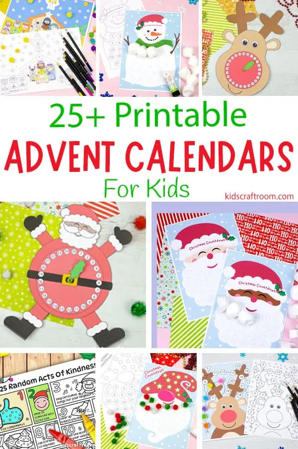 A collage showing eight different printable Christmas Advent Calendars for kids.