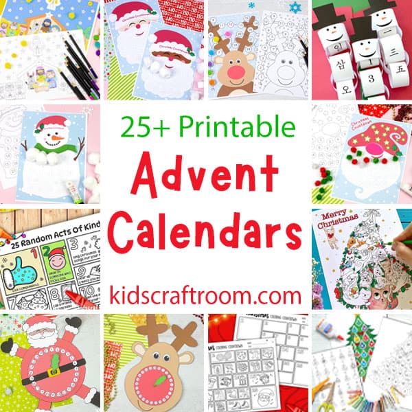 A collage showing twelve different printable Christmas Advent Calendars for kids.