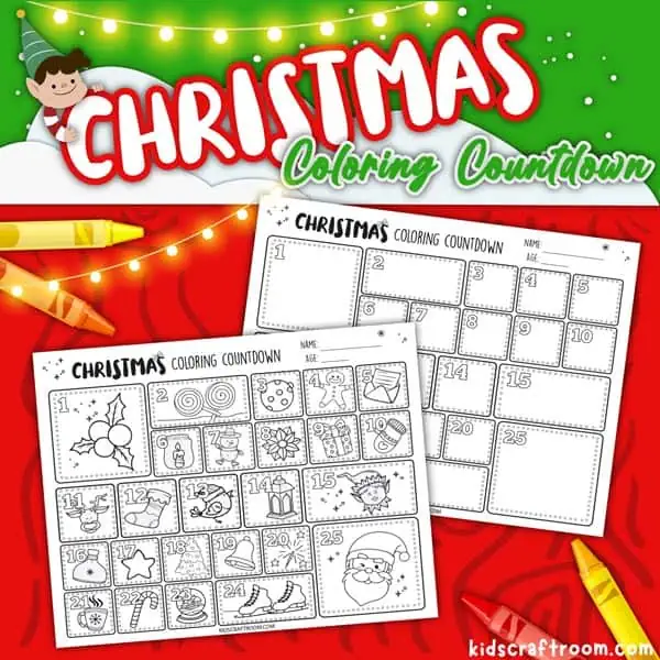 A close up of 2 designs of printable Christmas countdown advent calendars. One decorated with Christmas pictures and one blank design your own.