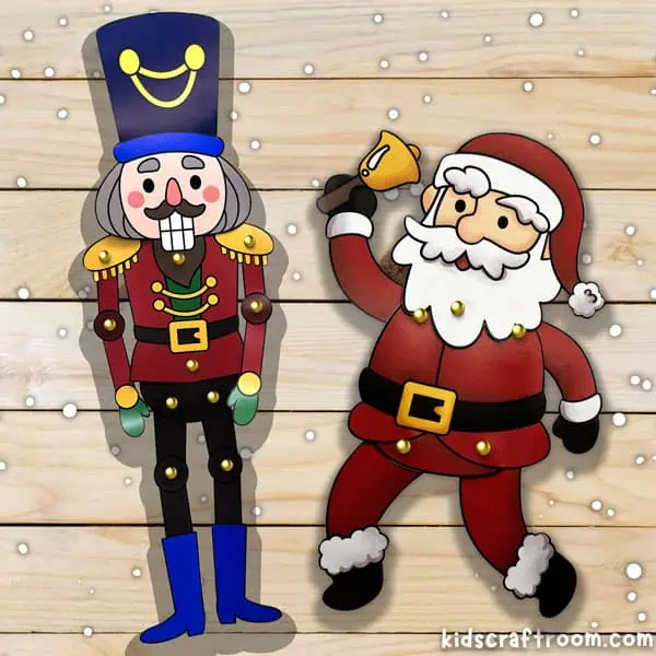 A coloured and made Santa and Nutcracker puppets.