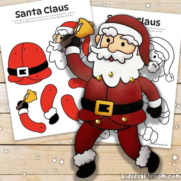 Santa Christmas puppet templates in black and white and full colour. Lying on top of them is a made Santa puppet.