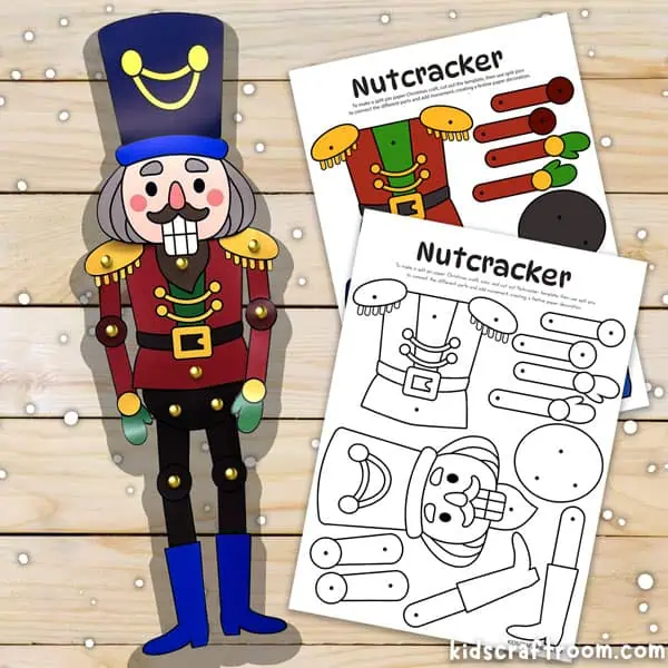 Nutcracker Christmas puppet templates in black and white and full colour. Lying on top of them is a made Nutcracker puppet.