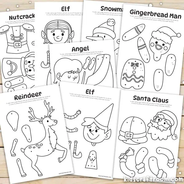 A collection of black and white printable Christmas puppets for kids to color.