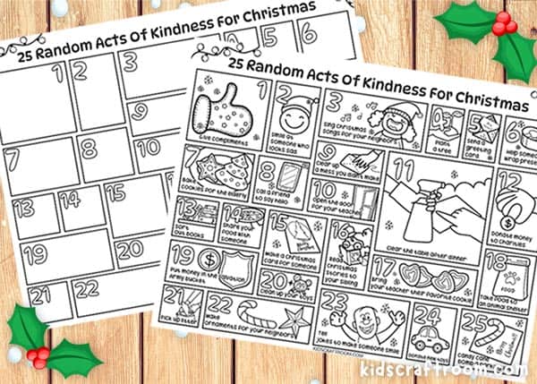 A close up of 2 Random Acts of Kindness Advent Calendars For Kids. One full of Christmas themed pictures to colour and one blank to design your own.