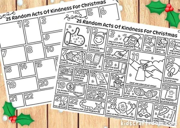 A close up of 2 Random Acts of Kindness Advent Calendars For Kids. One full of Christmas themed pictures to colour and one blank to design your own.