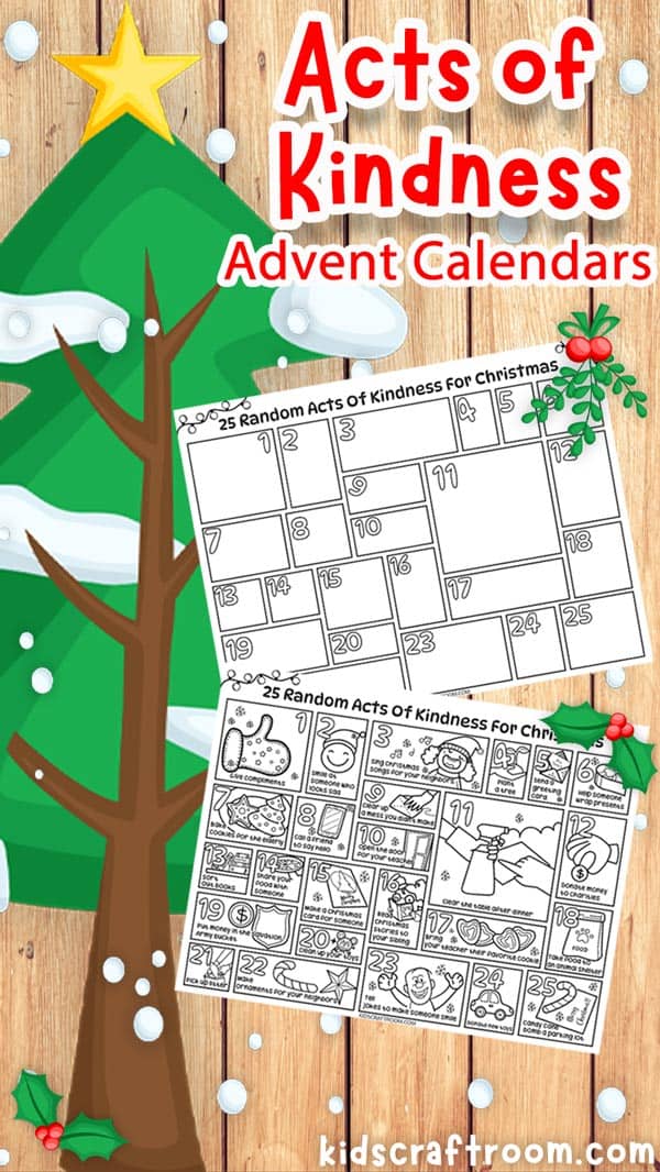 2 Random Acts of Kindness Advent Calendars For Kids. One full of Christmas themed pictures to colour and one blank to design your own.