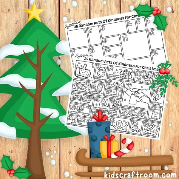 A square image showing 2 Christmas Countdown Kindness Calendars against a background of a cartoon Christmas tree and sledge. 