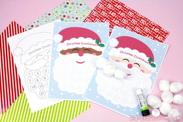 3 Santa Beard Christmas Countdown Calendars fanned in a row. One has dark skin, one has light skin and one is black and white.