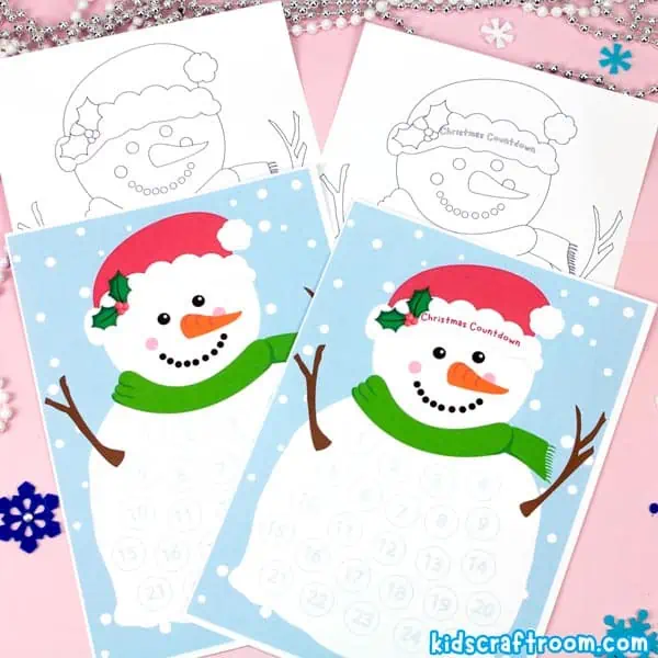 Four Snowman Countdown To Christmas Advent Calendars For Kids. Two black and white versions and two colored versions.