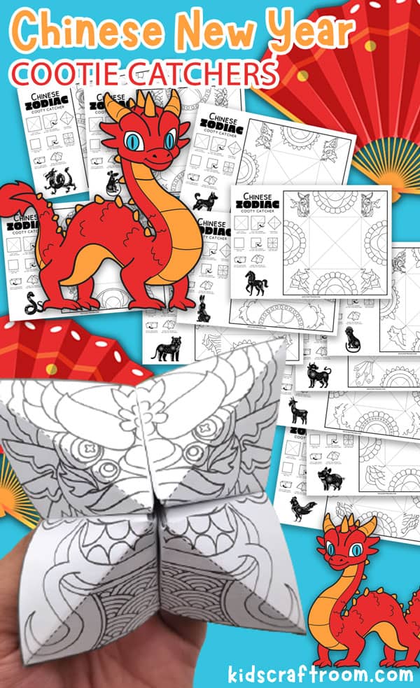 A set of 12 Chinese zodiac cootie catcher templates in the background and a folded dragon cootie catcher in the foreground.
