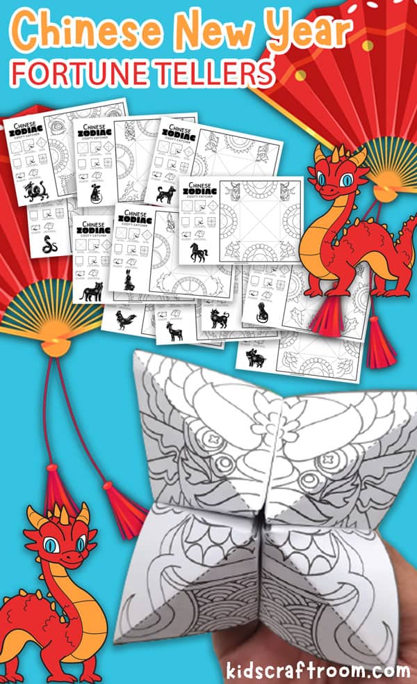 A set of 12 printable Chinese New Year Cootie Catcher Templates on a blue background. In the foreground there is a completed cootie catcher. The whole image is decorated with red fans and dragons.