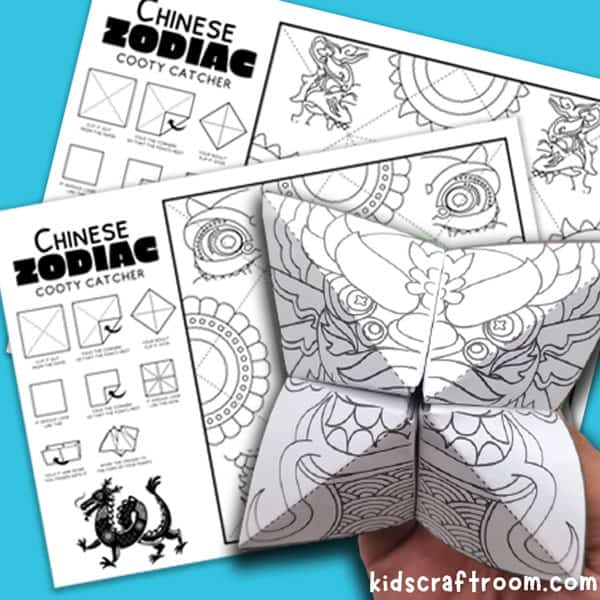A close up of two fortune teller templates and a made fortune teller.