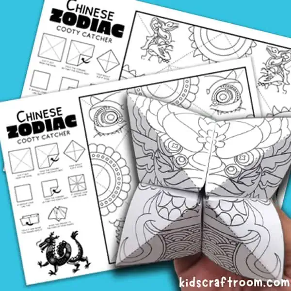 A close up of two fortune teller templates and a made fortune teller.