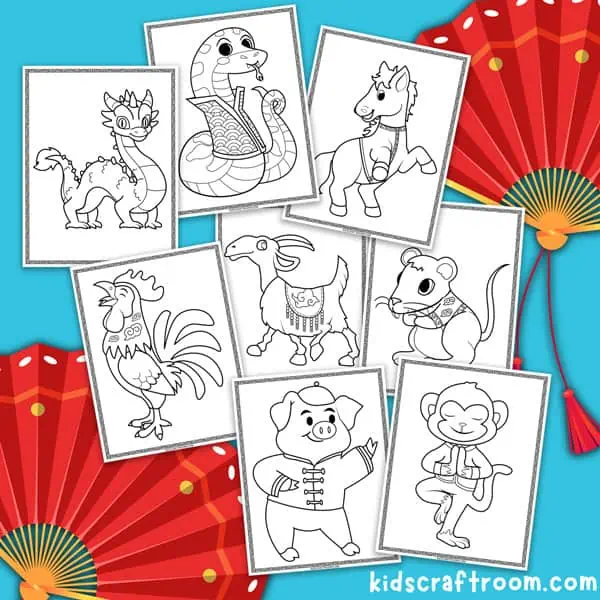 A selection of eight of the Chinese zodiac animals as coloring pages scattered on a blue background with two red fans. The is a dragon, snake, horse, rooster, goat, rat, pig and monkey.
