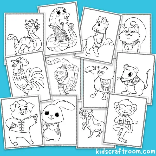 All 12 animals of the Chinese zodiac as coloring pages scattered on a blue background.