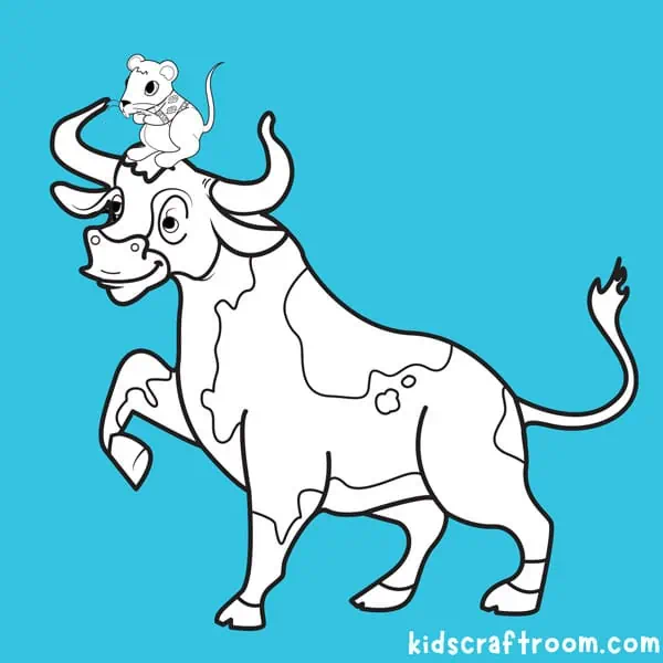 A cartoon drawing of an ox carrying a rat on its head.