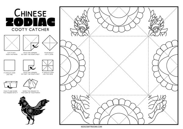 A rooster cootie catcher template.