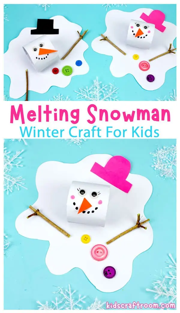 Three melting snowman crafts on a blue background surrounded by faux snowflakes. Two of the snowman have pink hats and one has a black top hat.